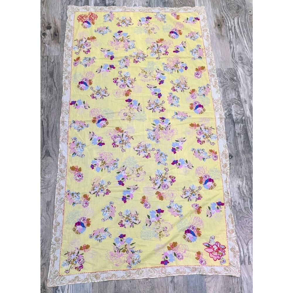 Yellow Floral Tablecloth Vintage 71 X 40 Retro Kitchen Border Embroidered Spring